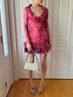 MISSGUIDED Pink Floral Ruffle Long-Sleeve Mini Dress